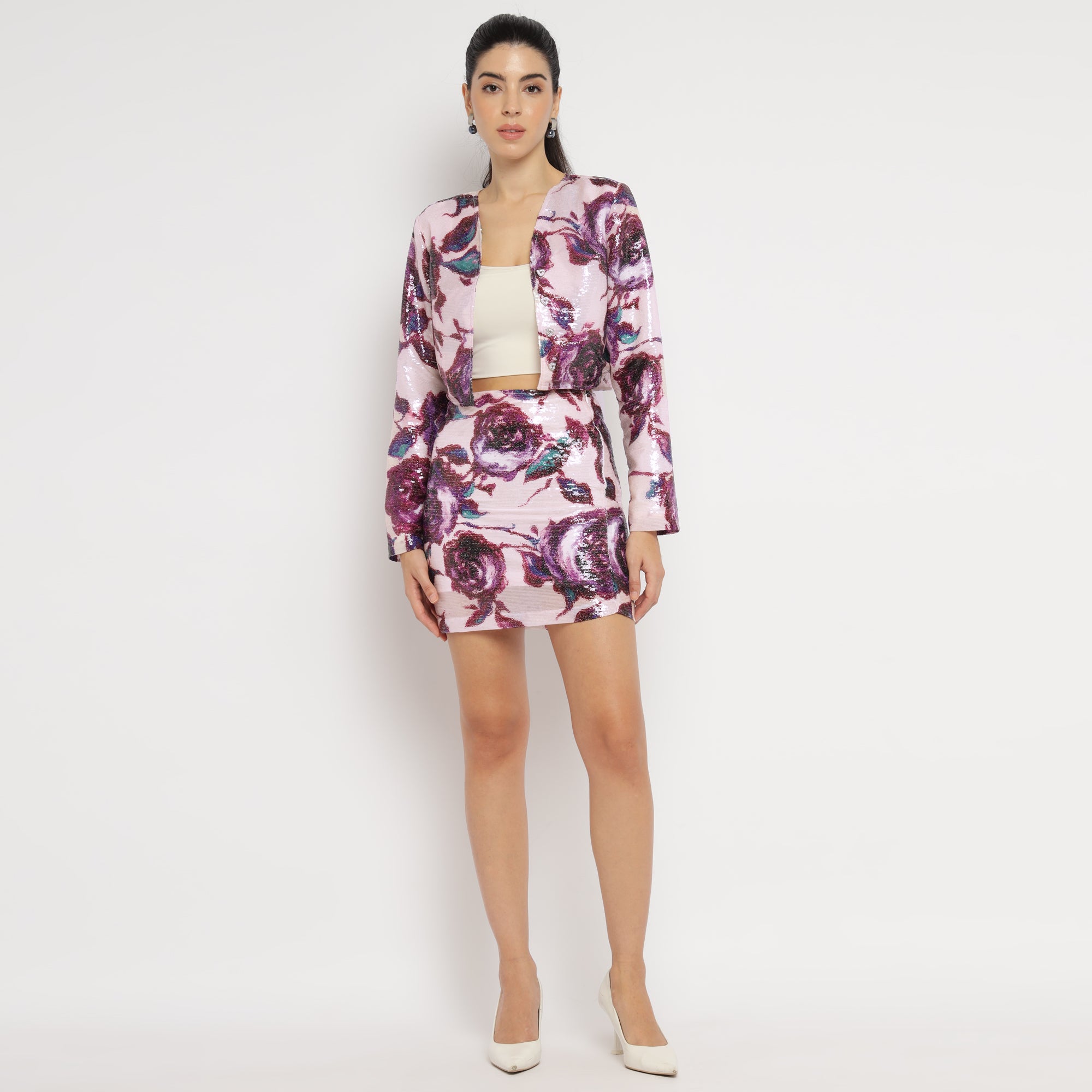 Pink Sequin Floral Co-ord Set (Jacket + Skirt)